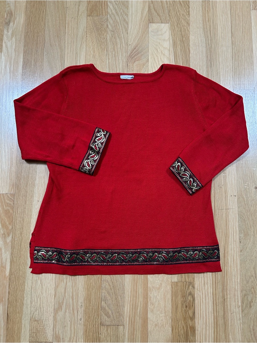 Festive Red 3/4 Sleeve Knit Sweater -  Paisley Cuff Accent Trim,  Size M